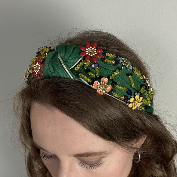 Bohemian Beaded And Sequin Embellished Headband Green Floral Design Summer Beach - Picture 1 of 6